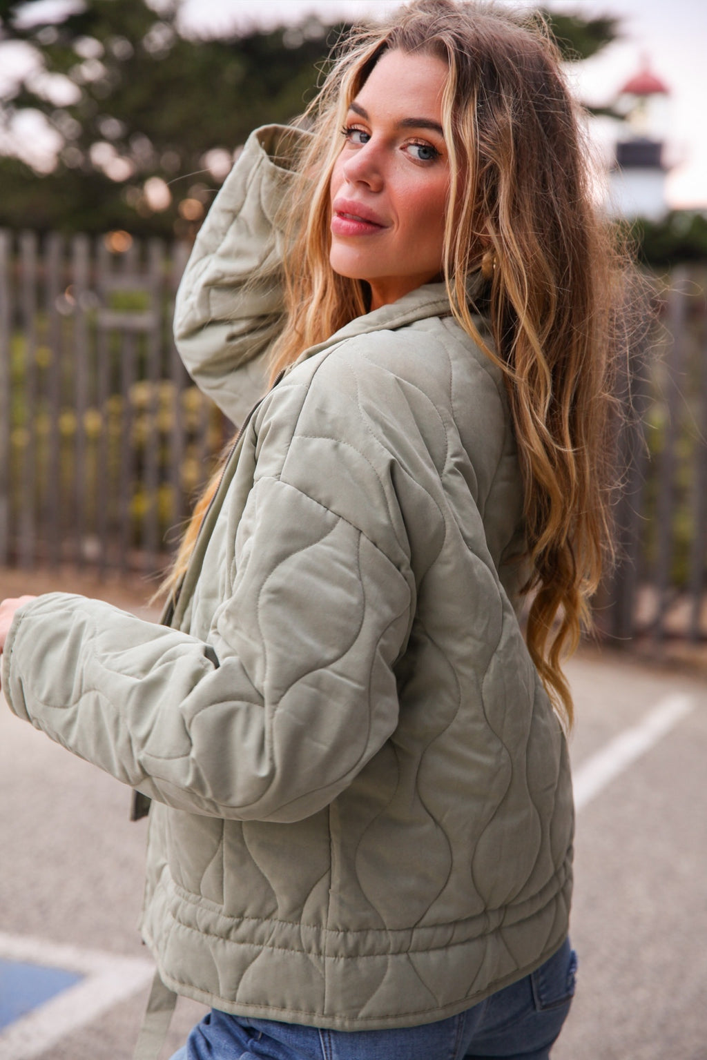 Keep It Cozy Quilted Zip Up Jacket- Sage