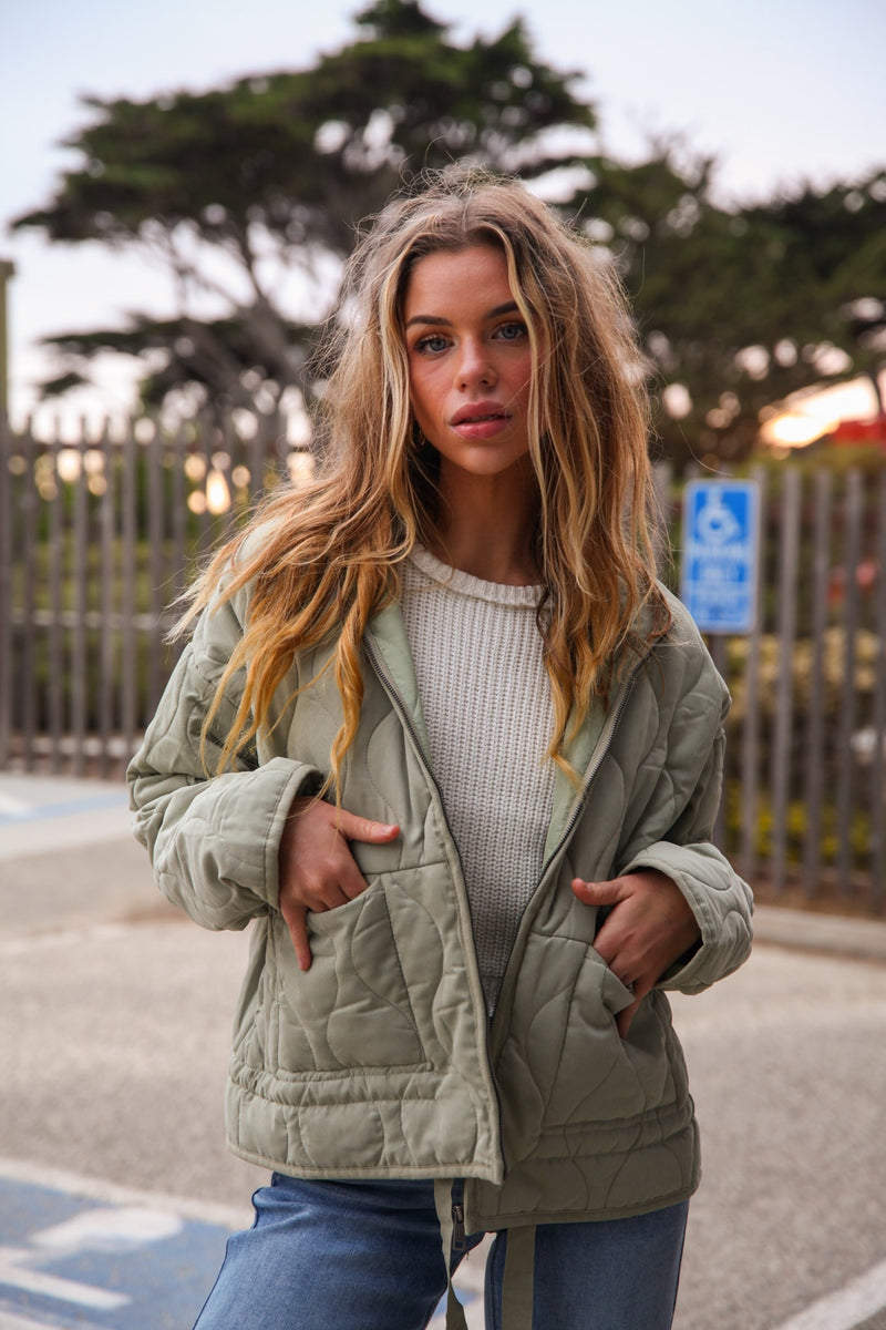 Keep It Cozy Quilted Zip Up Jacket- Sage
