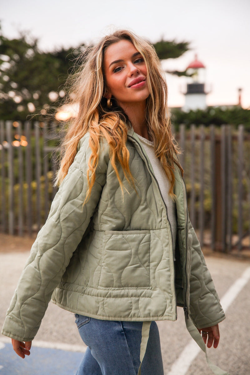 Keep It Cozy Quilted Zip Up Jacket- Sage