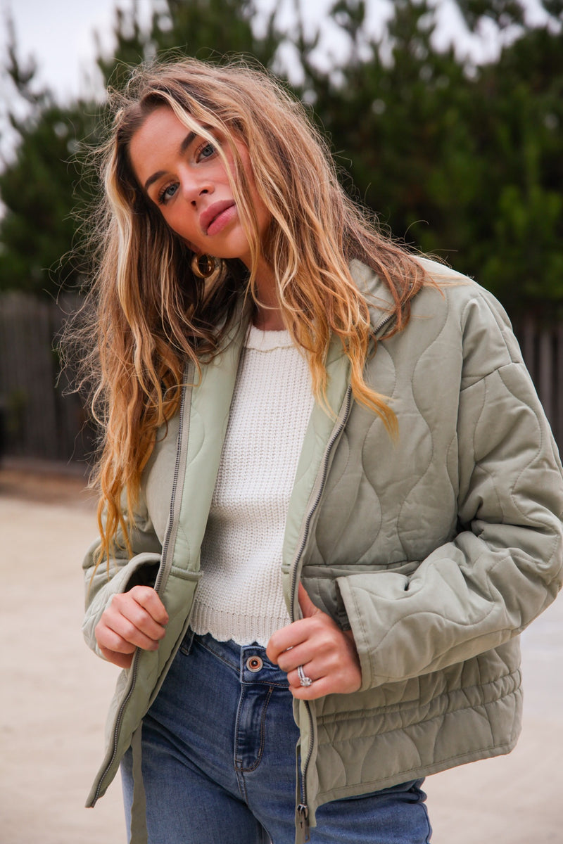 Keep It Cozy Quilted Zip Up Jacket- Sage