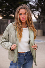 Keep It Cozy Quilted Zip Up Jacket- Sage