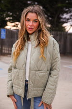Keep It Cozy Quilted Zip Up Jacket- Sage