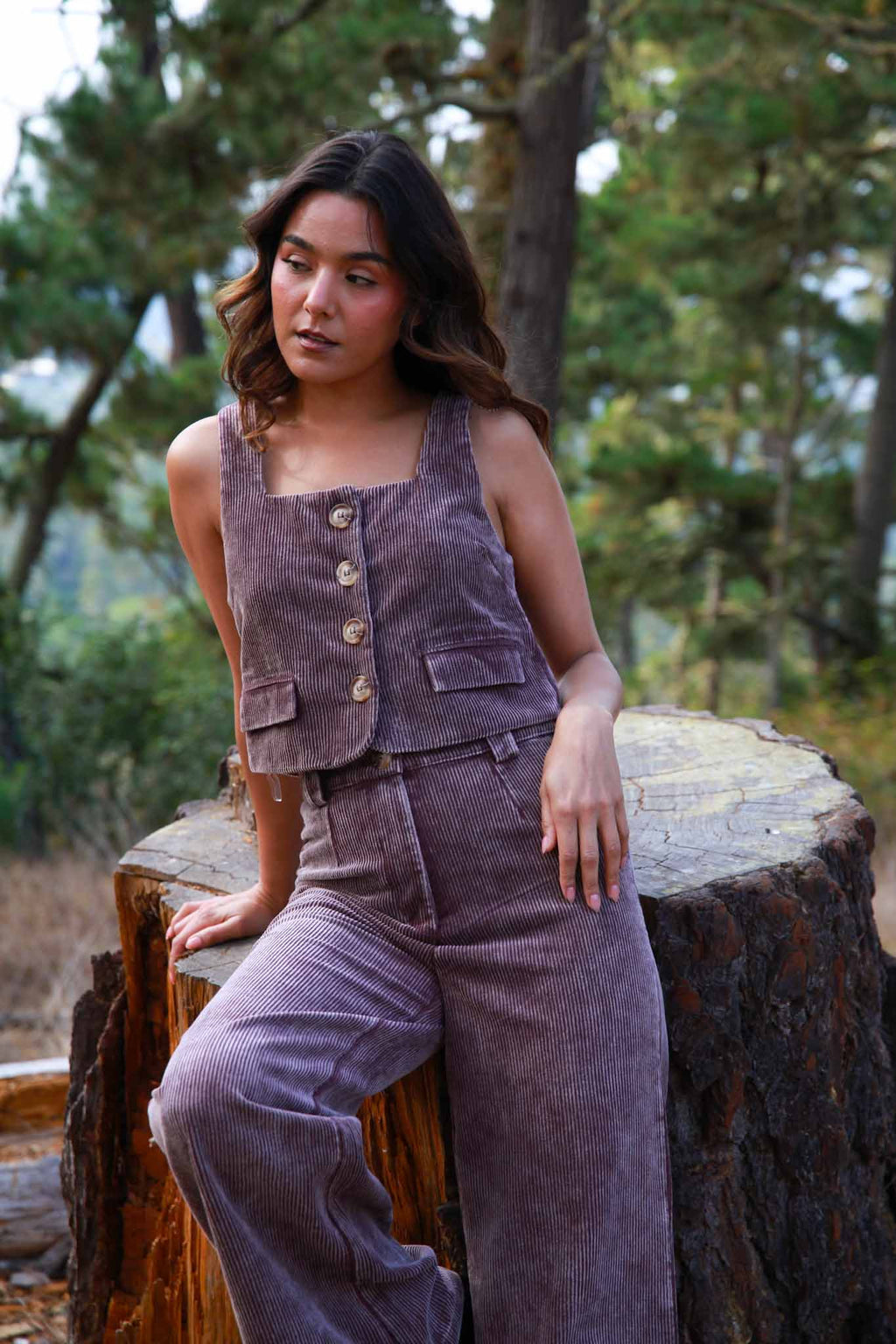 Retro Rose Button Down Corduroy Vest - Mineral Wash Eggplant