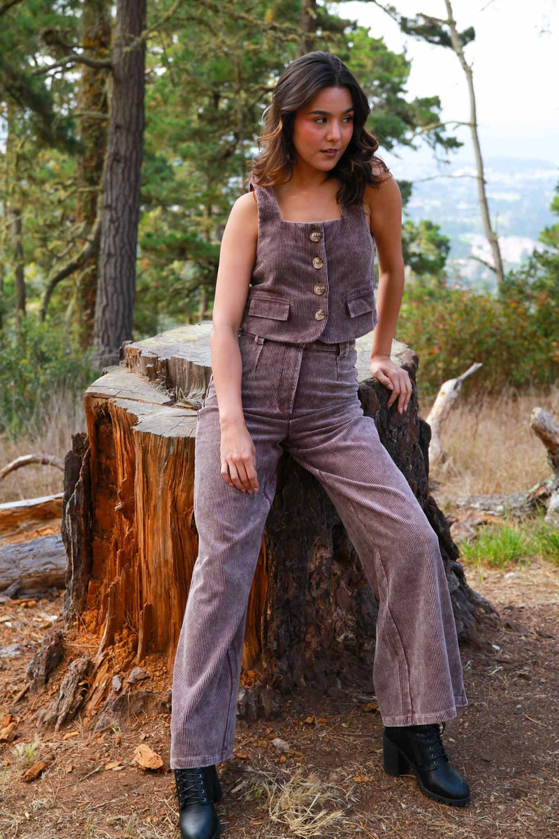 Retro Rose Button Down Corduroy Vest - Mineral Wash Eggplant