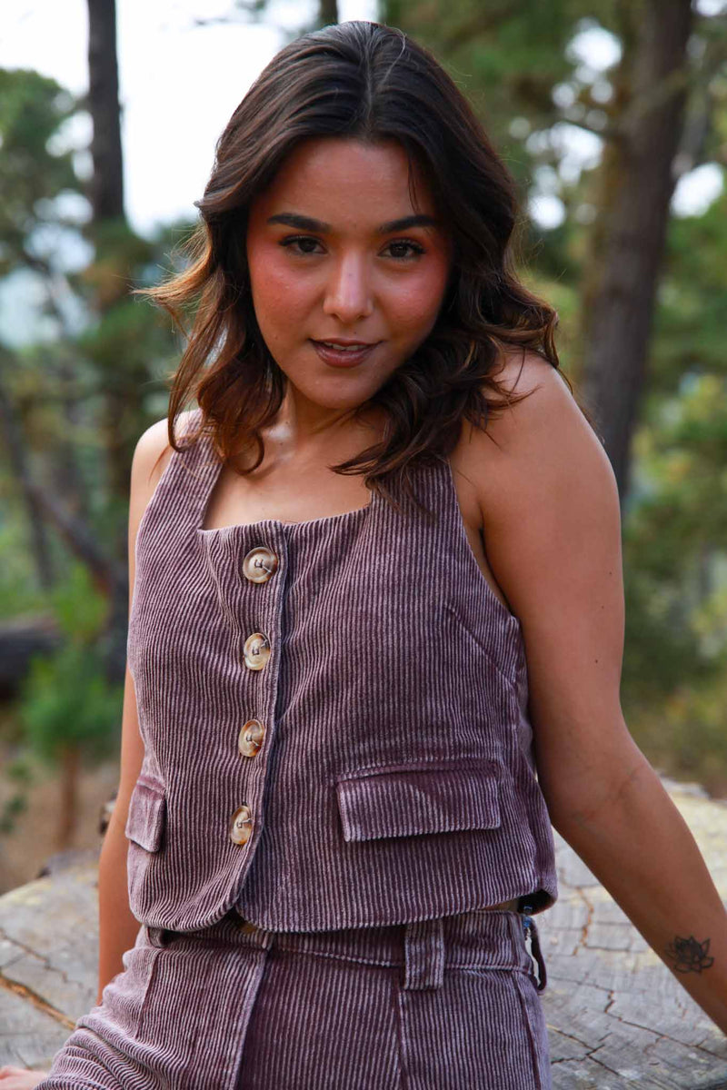 Retro Rose Button Down Corduroy Vest - Mineral Wash Eggplant