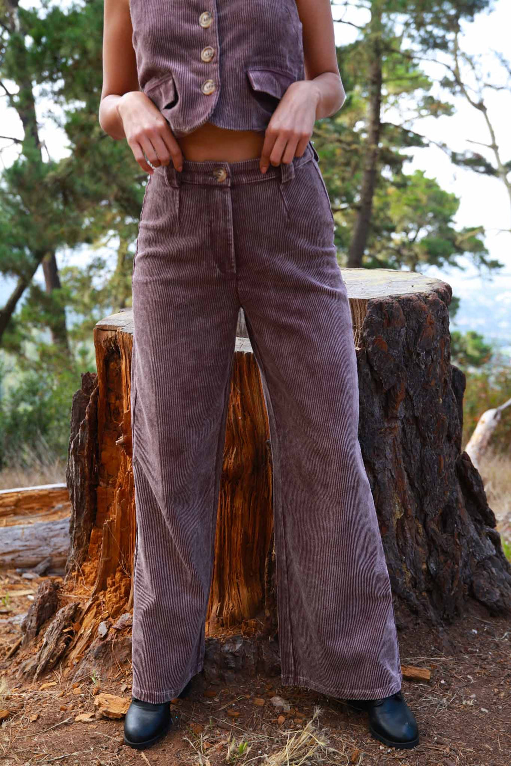 Let's Groove Corduroy Wide Leg Pants - Mineral Wash Eggplant