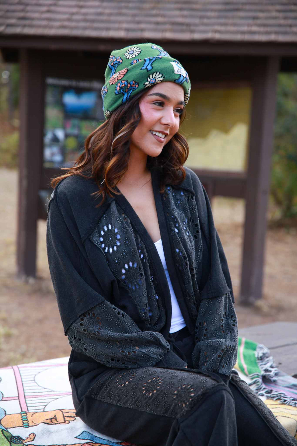 Boheme Bloom Embroidery Detail  French Terry Sweater - Black