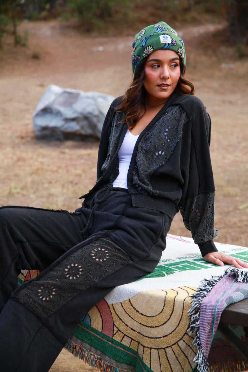 Boheme Bloom Embroidery Detail  French Terry Pant - Black
