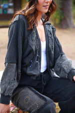 Boheme Bloom Embroidery Detail  French Terry Sweater - Black
