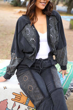 Boheme Bloom Embroidery Detail  French Terry Pant - Black