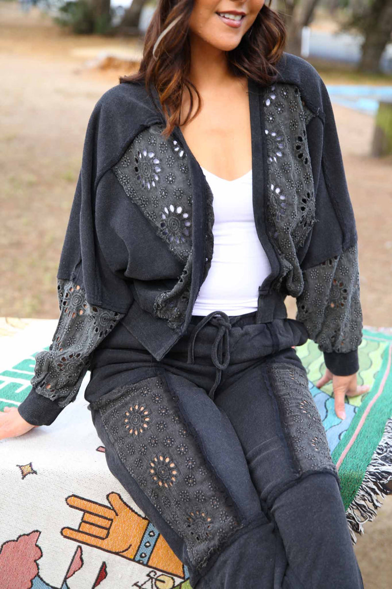Boheme Bloom Embroidery Detail  French Terry Pant - Black