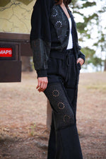 Boheme Bloom Embroidery Detail  French Terry Pant - Black