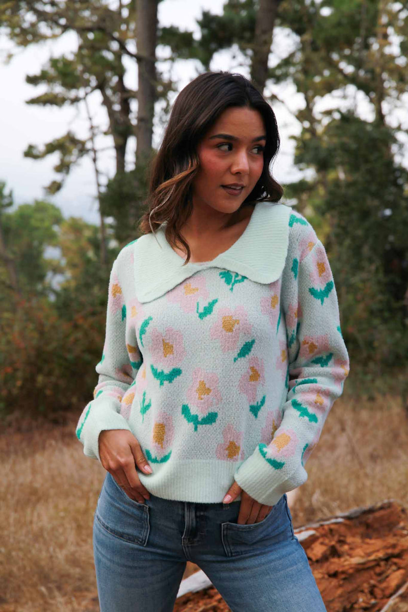 Mint Blossom Collared Sweater- Mint/Multi