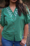 Verde Vista Embroidered Short Sleeve Button Front Top- Green