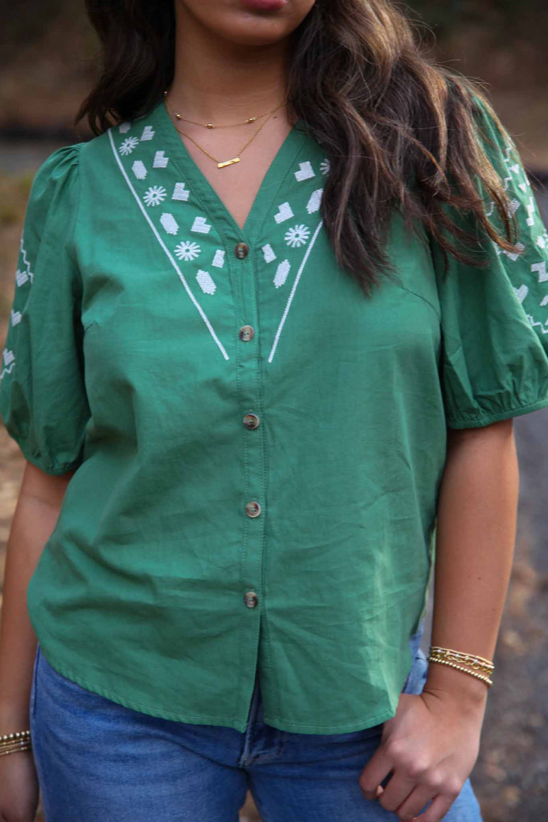 Verde Vista Embroidered Short Sleeve Button Front Top- Green