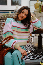 Mint Julep Crew Neck Stripe Knit Sweater - Mint/Multi