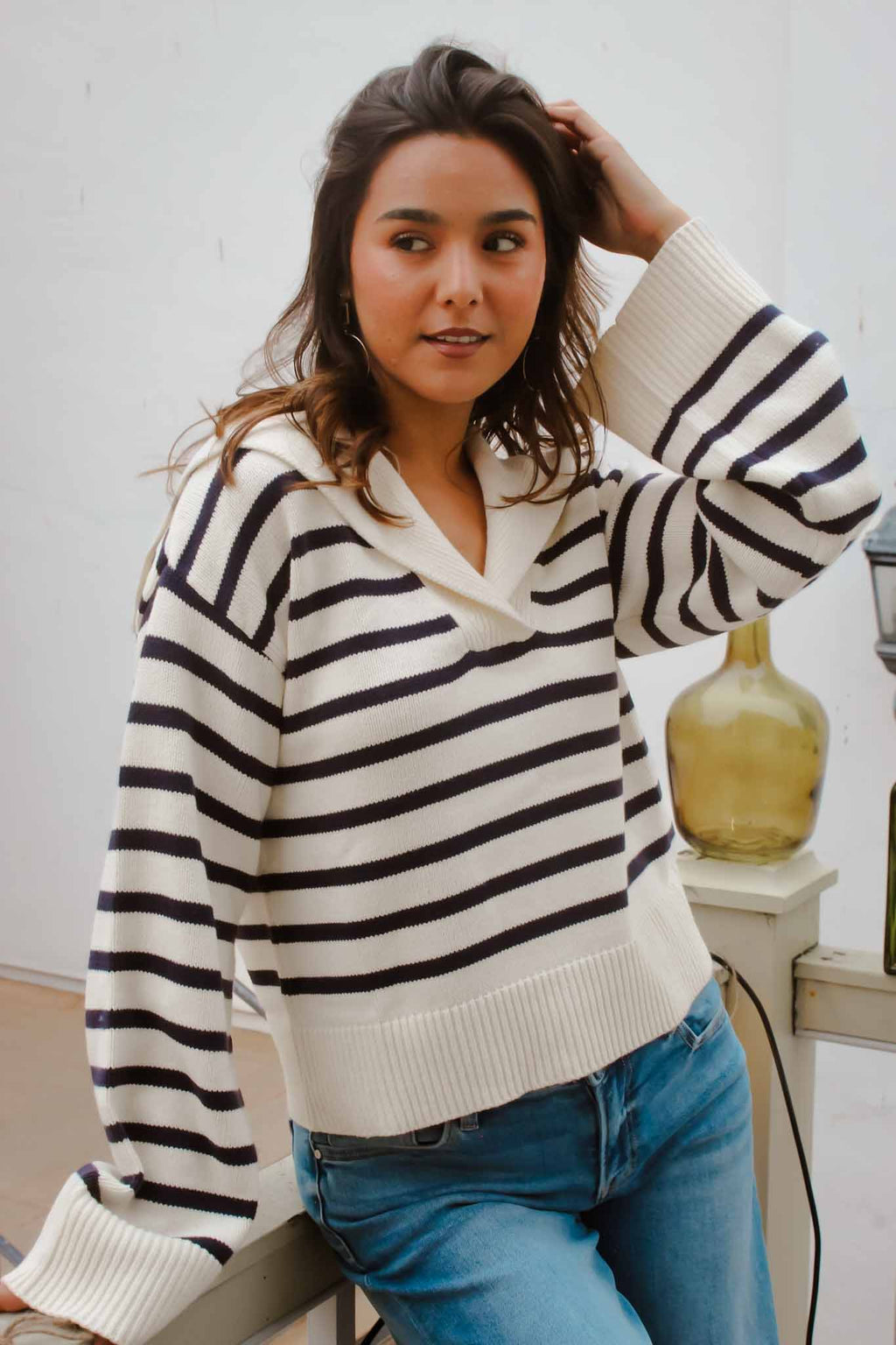 Newport Striped Collared Long Sleeve Knit- Cream/Navy