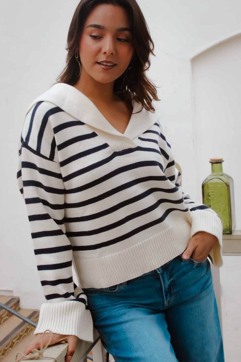 Newport Striped Collared Long Sleeve Knit- Cream/Navy