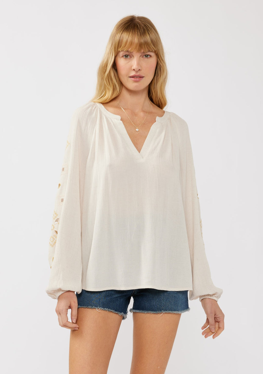 Salt and Sol Floral Embroidered Blouse Longsleeve -Natural
