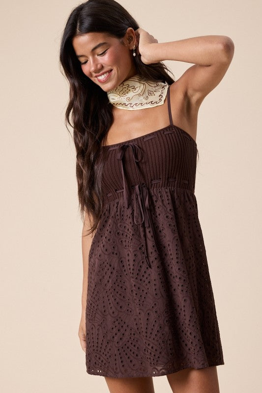 Espresso Daydream Eyelet Dress Knit Contrast- Chocolate
