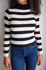 Winter Noir Mock Neck Stripe Knit Sweater - Black/Cream