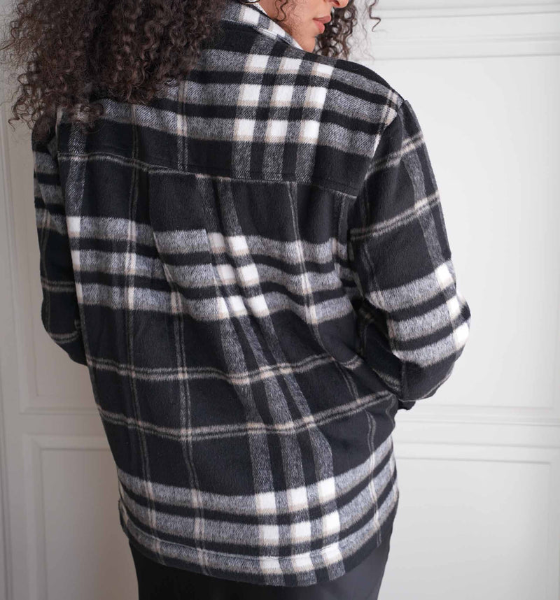 Frosted Flurry Sherpa Lined Plaid Button Up Coat - Black/Cream