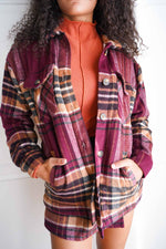 Sugar Plum Sherpa Lined Plaid Button Up Coat - Wine/Multi