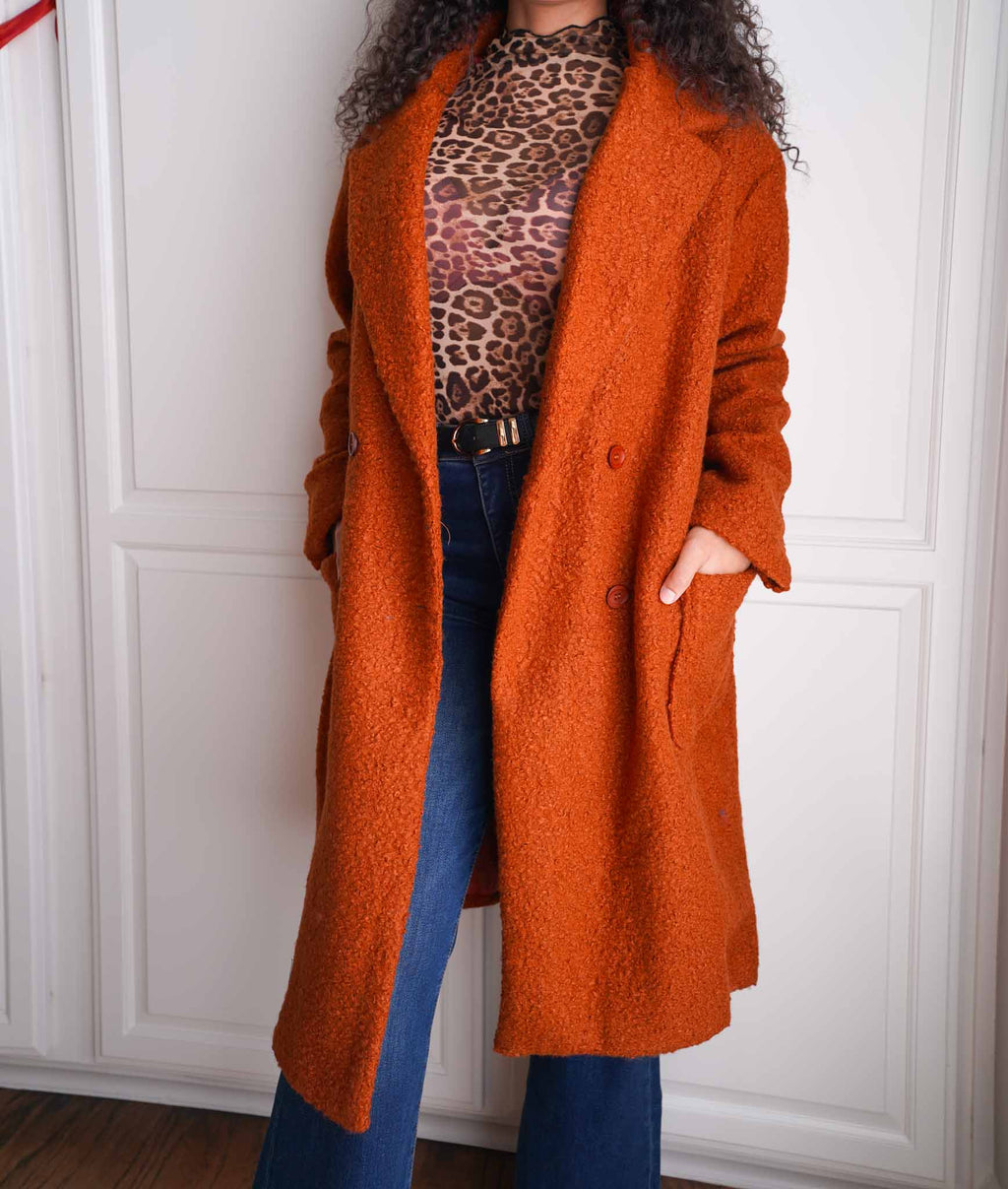 Tawny Teddy Double Breasted Long Coat - Rust