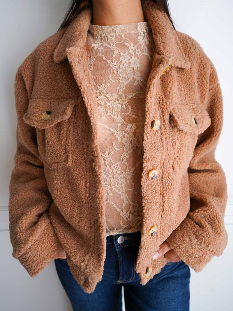 Latte Layers Teddy Button Up Coat - Taupe