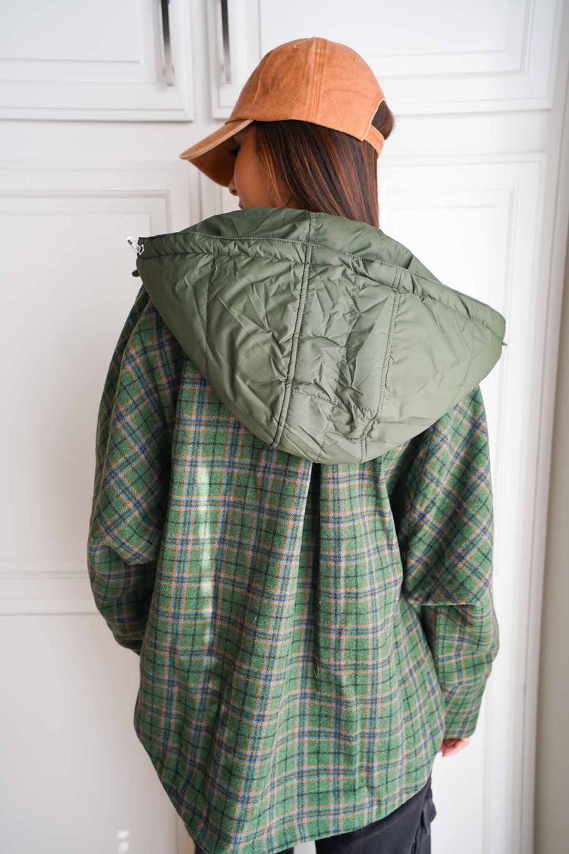 Emerald Eve Plaid Jacket With Detachable Hood - Evergreen