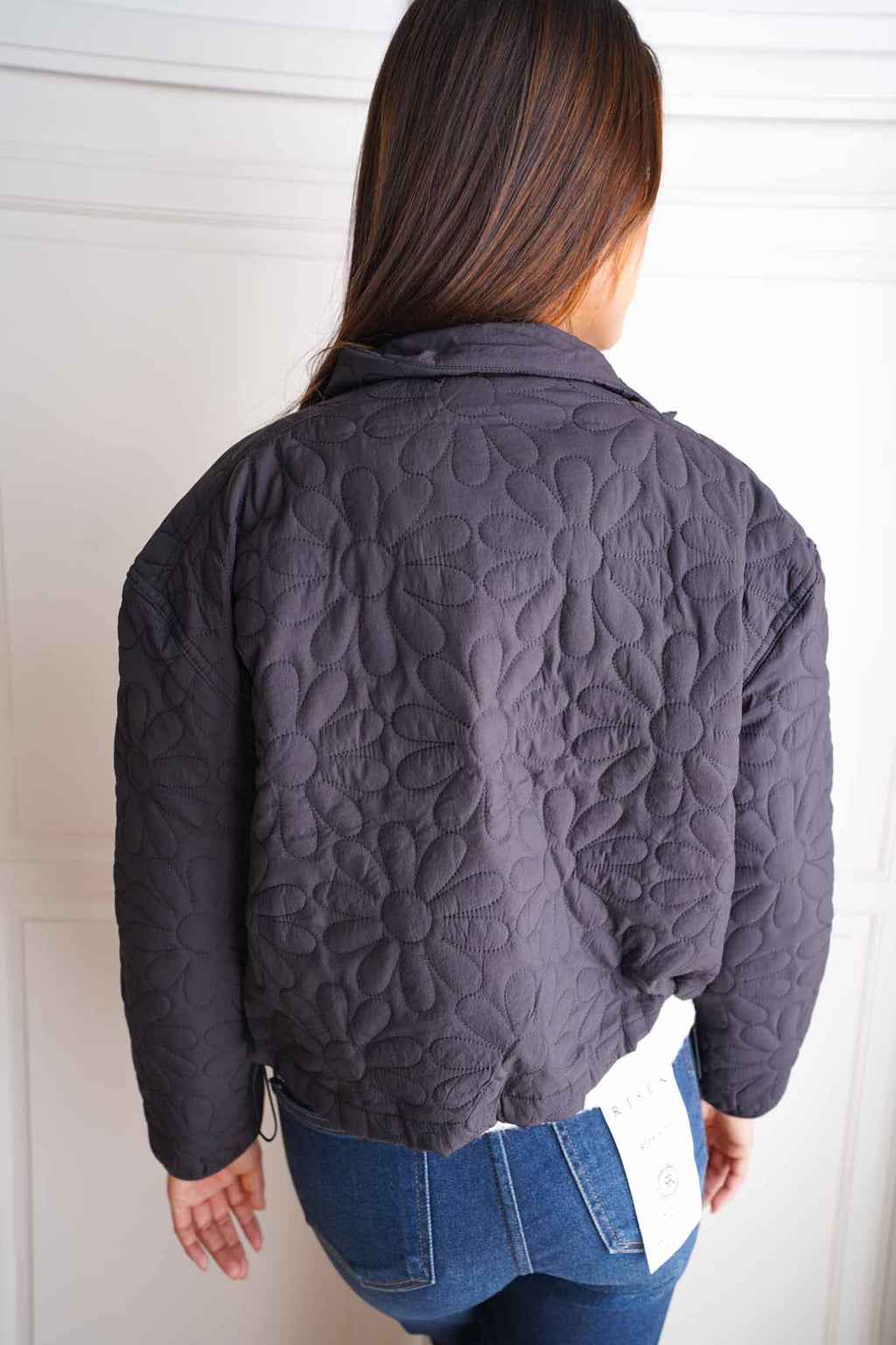 Winter Blossom Quilted Flower Detail Crop Jacket - Black