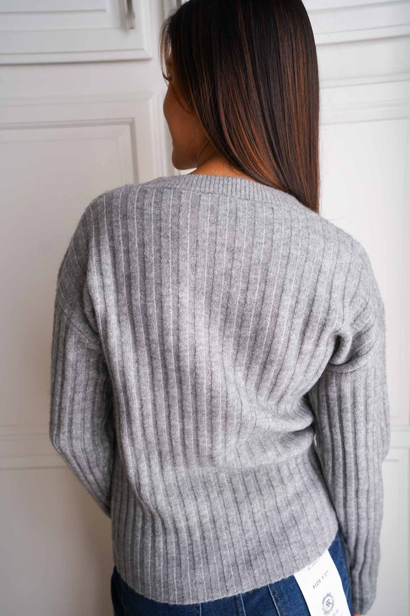 Snug Hug Crew Neck Ribbed Knit Sweater - Smoke