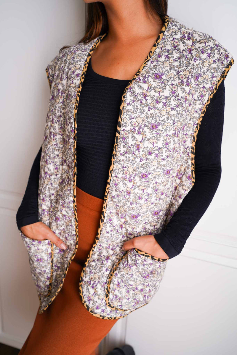 Winter Whimsy Reversible Animal/Floral Print Oversized Vest - Lilac/Multi