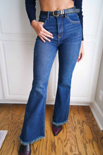 Risen Jeans Raw Hem Flare Denim w/Belt - Dark Wash