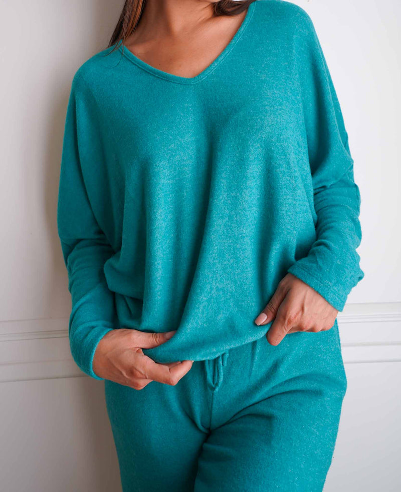 Dreamland V-Neck Lounge Top - Heather Green