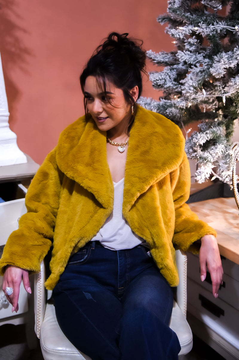 Saffron Chic Faux Fur Short Coat - Mustard