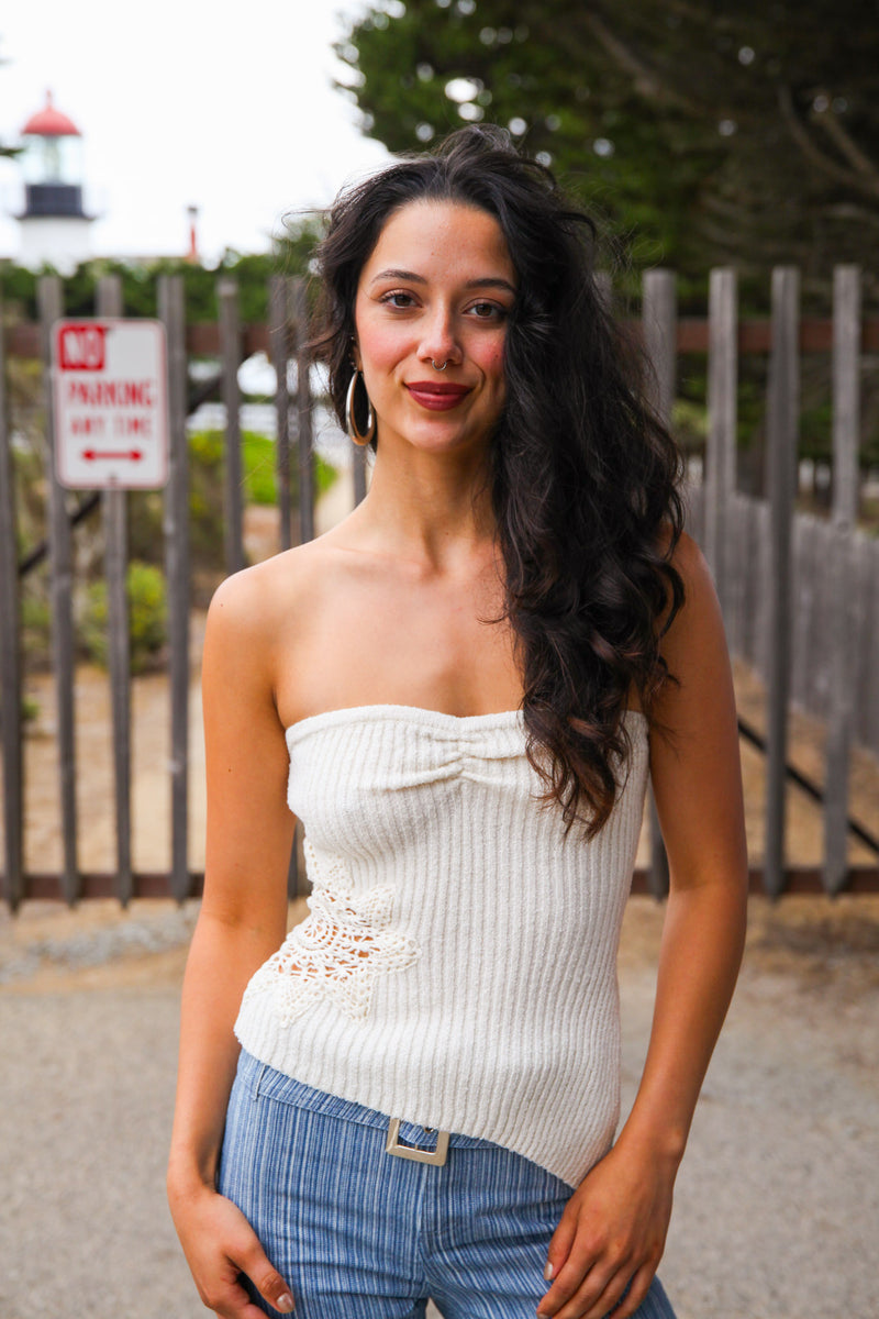 Siren Song Strapless Medallion Crochet Top- Ivory