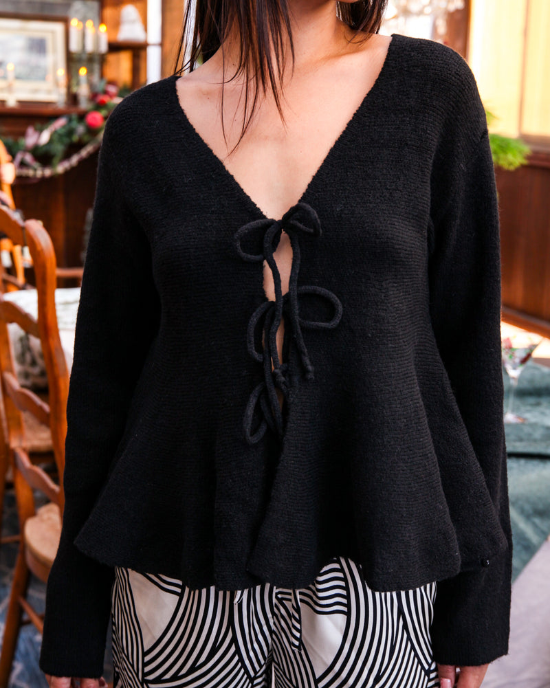 Tied and True Tie Front Knit Sweater- Black