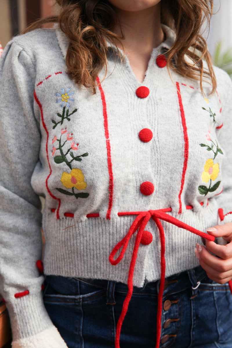 Alpine Meadow Floral Embroidered Sweater- Gray/Red