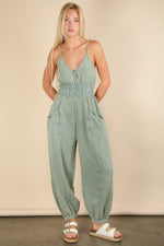 Coastal Cruising Spaghetti Strap V-Neck Muslin Jumpsuit- Sage