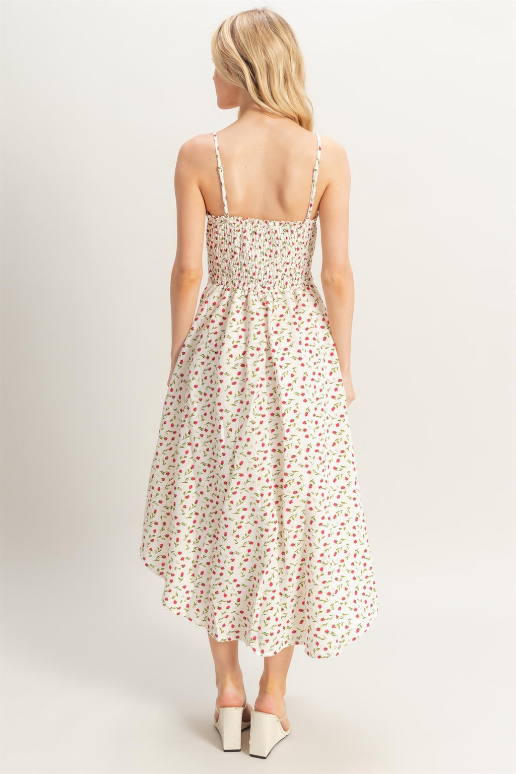 East of Eden Front Bodice Tie Spaghetti Strap Floral Dress - Ivory/Multi