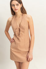 Summer Party Gingham Print Halter Dress- Camel