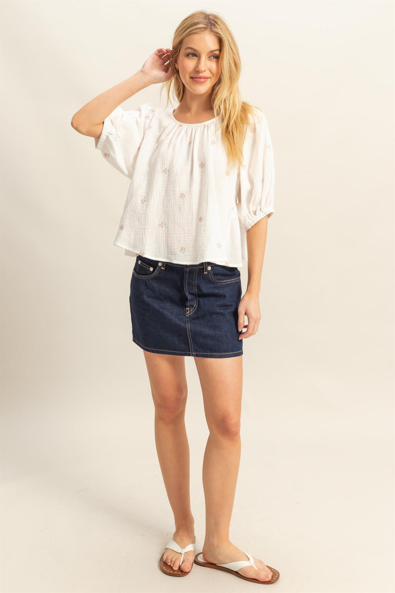 Frida Tie Back Floral Embroidery Detail - White