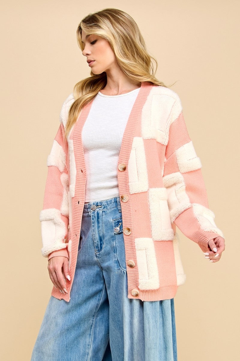 Peach Patch Oversized Textured Cardigan- Peach/Cream