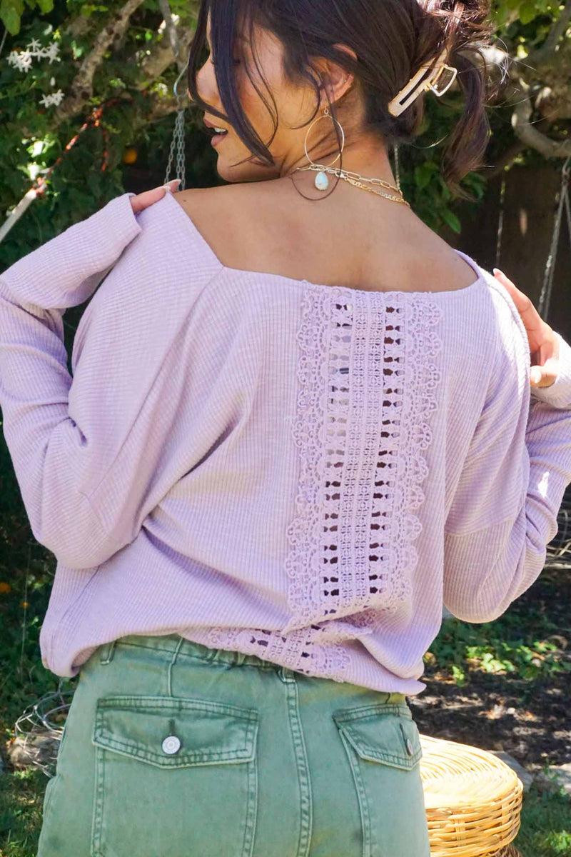Lilac Fields Crochet Back Long Sleeve Top - Lilac