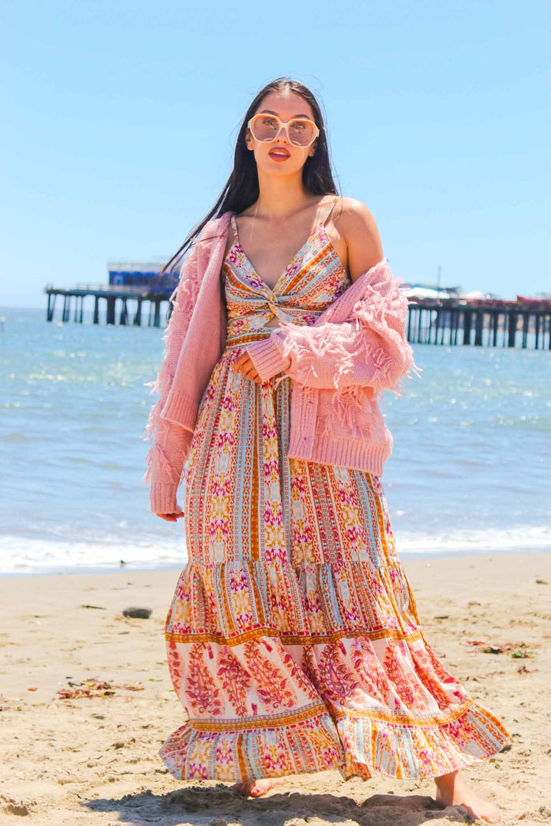 Sassy Sway Fringe Cardigan - Rose