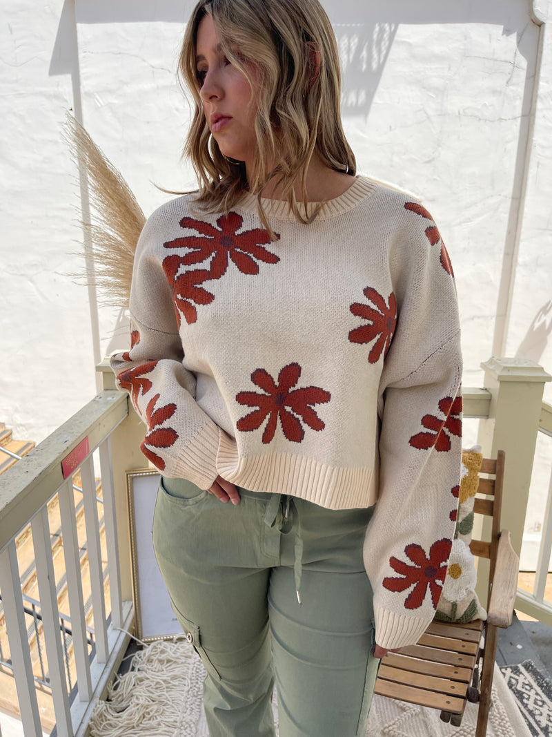 Floral Infusions Cropped Flower Sweater - Cream/Rust