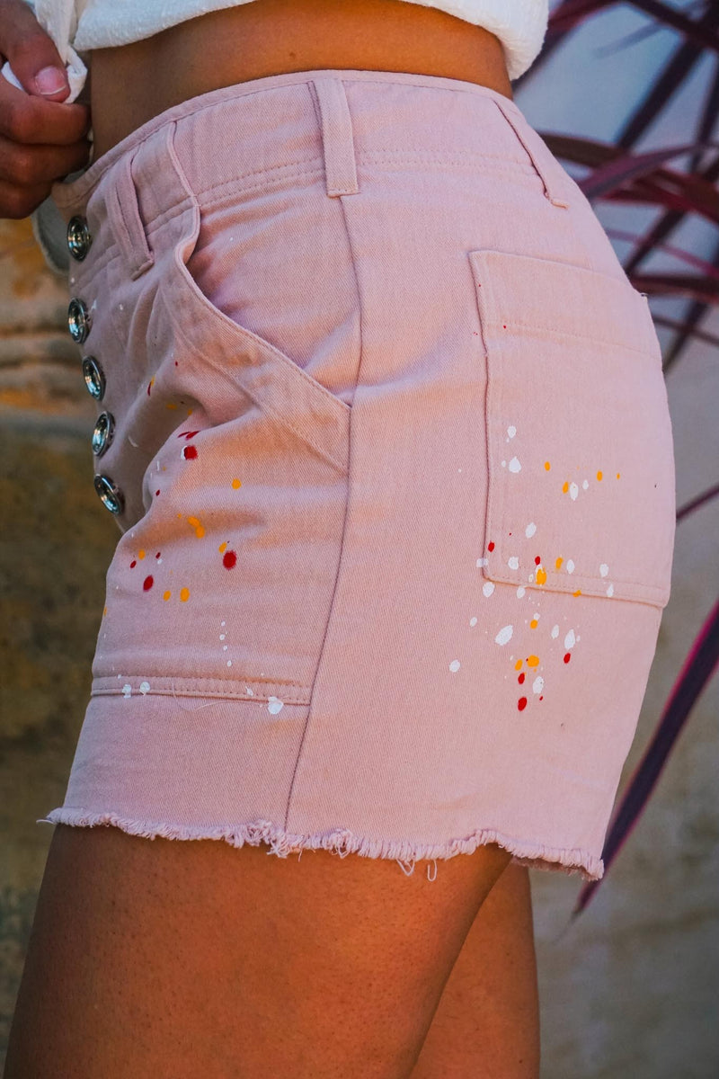 pink splatter print mid rise shorts
