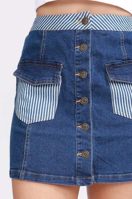 It Girl Denim Mini Skirt W/ Stripe Detail- Mid Wash