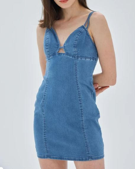 Lindsey Denim Spaghetti Strap Keyhole Mini Dress-Light Wash